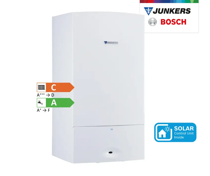 Wandhängendes Heizgerät von Bosch in Weiß mit Energieeffizienzklasse C und A. Ausgestattet mit Solar-Control-Einheit, für den Betrieb mit Erdgas geeignet.