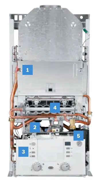 Gas-Heizwertgerät von Bosch, wandhängend, mit mehreren Kupferleitungen und einem Bedienelement. Sichtbare Komponenten sind inklusive Anschlussleitungen und einem digitalen Anzeigefeld.