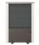 Vertikale Luft/Wasser-Wärmepumpe von Bosch mit einem Aluminium-Gitter und einem grauen Unterbau, geeignet für äußere Installationen.