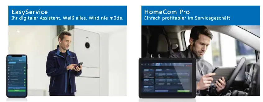 Smartphone mit App zur Steuerung eines Bosch Luft/Wasser-Wärmepumpensystems. Techniker überprüft die Installation neben einem Wärmegerät in einem modernen Raum.