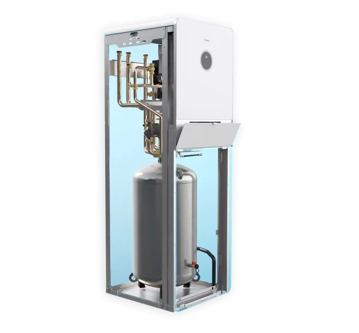 Kompakte, vertikale Einheit von Bosch mit sichtbarem Hydrauliksystem und Pufferspeicher, in einem transparenten Gehäuse, auf blauem Hintergrund.