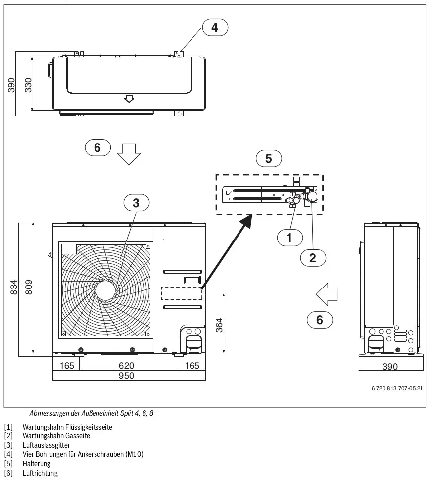 Bosch Außeneinheit einer Split-Wärmepumpe, Darstellung der Anschlüsse und Abmessungen, einschließlich Wartungshahn, Luftauslassgitter und Halterung.