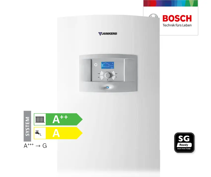 Weiße Solewärmepumpe mit digitalem Display und Bedienfeld. Energieeffizienzklasse A und A++. Bosch-Logo oben rechts sichtbar.