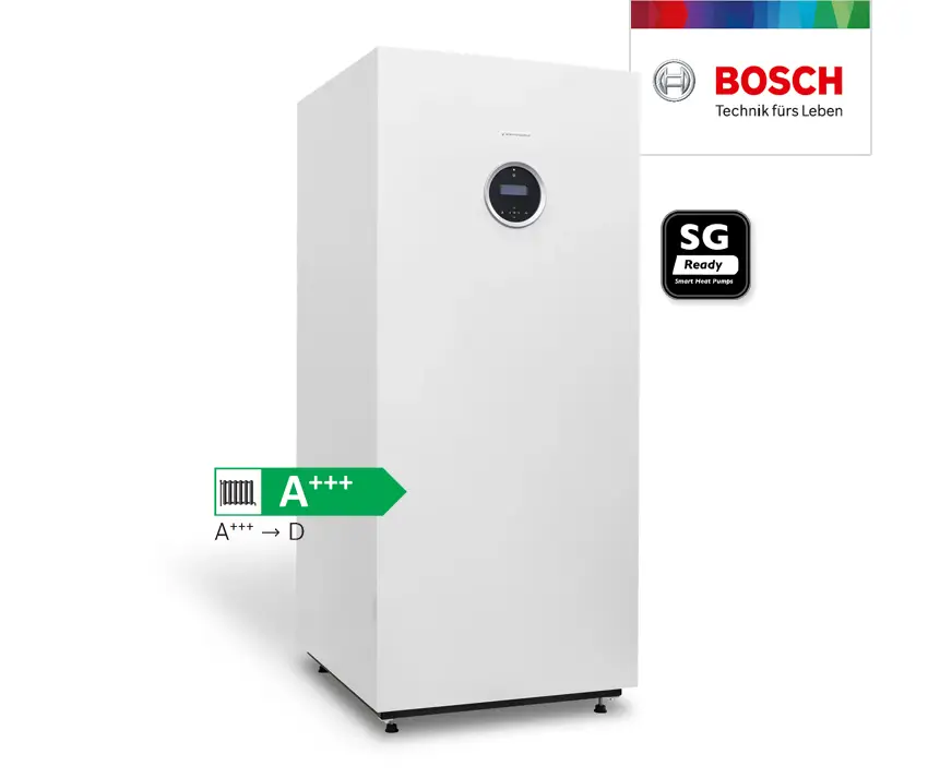 Weißer Heizungswärmepumpen-Korpus von Bosch mit Kontrolldisplay. Sowohl energieeffiziente Kennzeichnung A+++ als auch das Symbol für Smart Heat Pump sind sichtbar.
