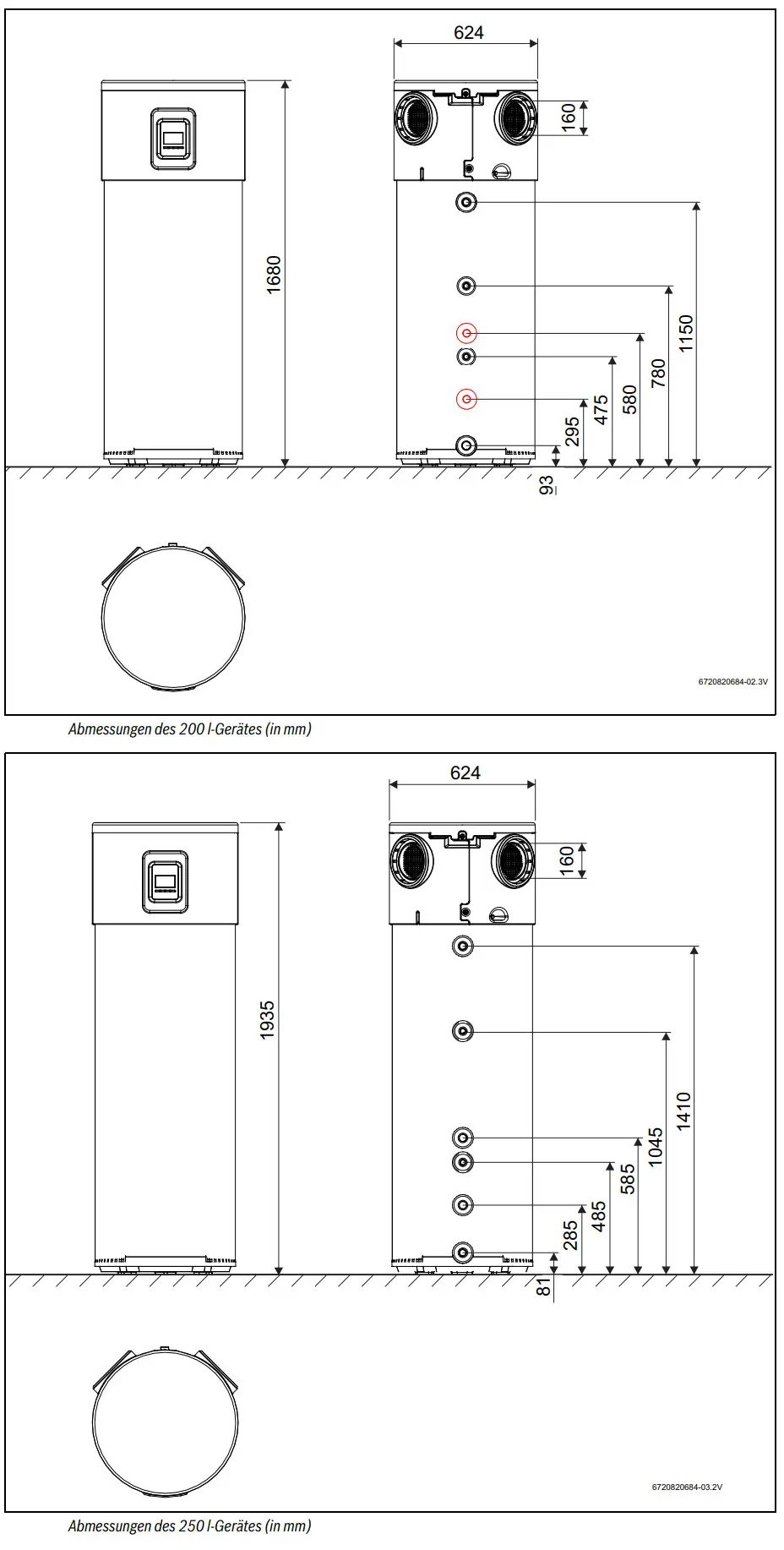 Bosch Wärmepumpe mit zwei Anschlüssen, seitlicher und oberer Ansicht, mit Maßen und Montagehinweisen, geeignet für Raumluftnutzung und Anschluss an einen Wärmetauscher.