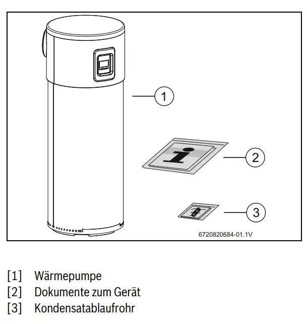 Bosch Wärmepumpe in zylindrischer Form mit einem Informationsdokument und einem Kondensatablaufrohr für die Installation und den Betrieb.