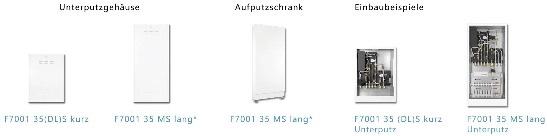 Drei verschiedene Gehäusemodelle für Heizungsstationen von Bosch. Darunter ein Unterputzgehäuse, ein Aufputzschrank und zwei Einbaubeispiele. Alles in schlichtem Weiß.