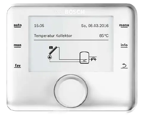 Bosch Steuergerät mit Touchscreen, zeigt Temperatur und Status eines Heizsystems an. Grafische Darstellung der Komponenten und aktuelle Zeit. Bedienfeld mit Tasten für verschiedene Einstellungen.