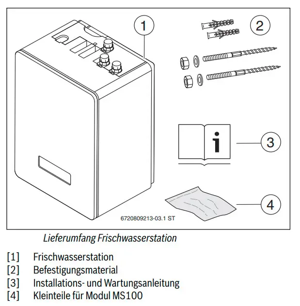 Frischwasserstation von Bosch mit Anschlüssen, Befestigungsmaterial, Installationsanleitung und Kleinteilen für Modul MS100, dargestellt in schematischer Ansicht.