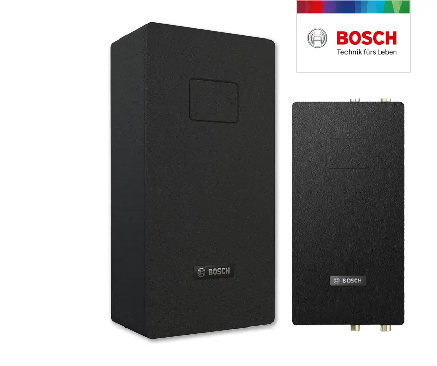 Zwei schwarze Bosch-Geräte mit rechteckiger Form. Links ein größeres Gerät mit glatter Oberfläche und rechteckigem Ausschnitt, rechts ein kleineres Gerät mit zwei Anschlüssen.