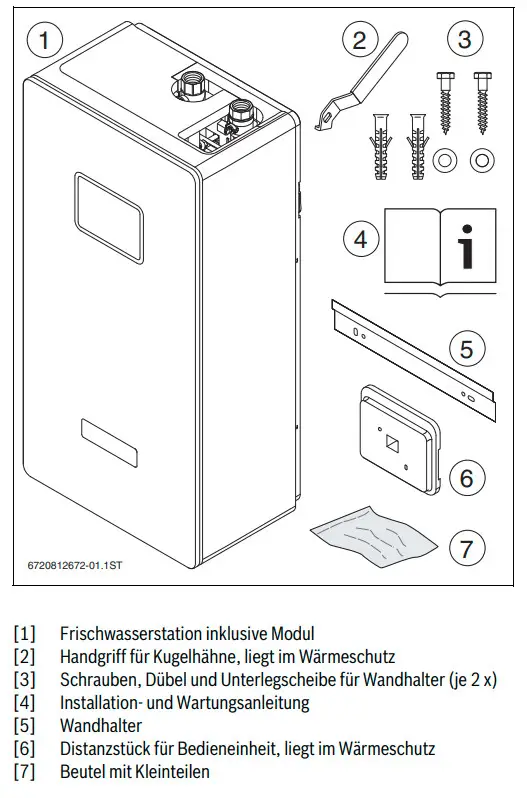 Frischwasserstation von Bosch mit Zubehörteilen wie Handgriff, Schrauben, Wandhalter, Bedieneinheit und Anleitung, abgebildet in einer schematischen Darstellung.