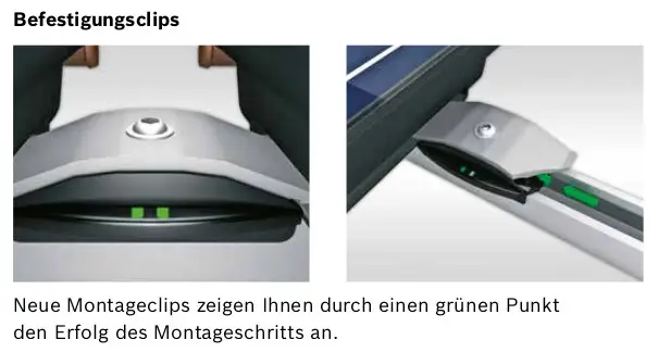 Montageclips von Bosch zum Befestigen des Flachkollektors. Grüne Punkte zeigen den erfolgreichen Montageschritt an.