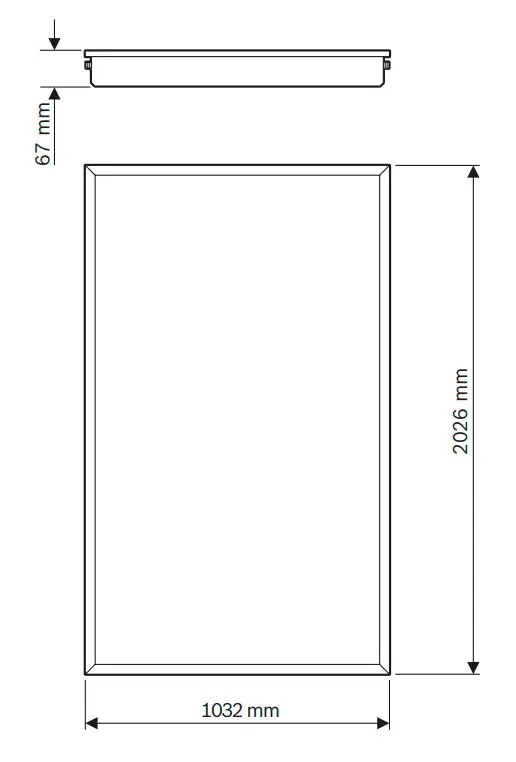 Flachkollektor von Bosch mit rechteckiger Form, dargestellt in technischer Zeichnung mit den Abmessungen 2026 mm Höhe, 1032 mm Breite und 67 mm Tiefe.