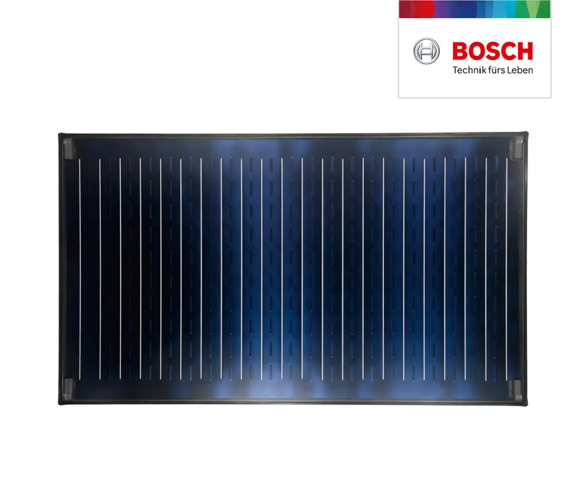 Bosch Sonnenkollektor in rechteckiger Form mit blau-schwarzer Oberfläche und vertikalen Mustern, geeignet zur Nutzung von Sonnenenergie.
