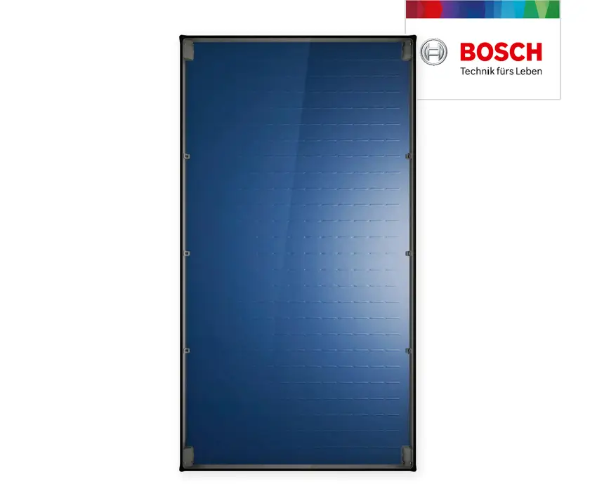 Flacher Sonnenkollektor der Marke Bosch mit einer blauen Oberfläche und einem Rahmen, der für die horizontalen Montage geeignet ist.
