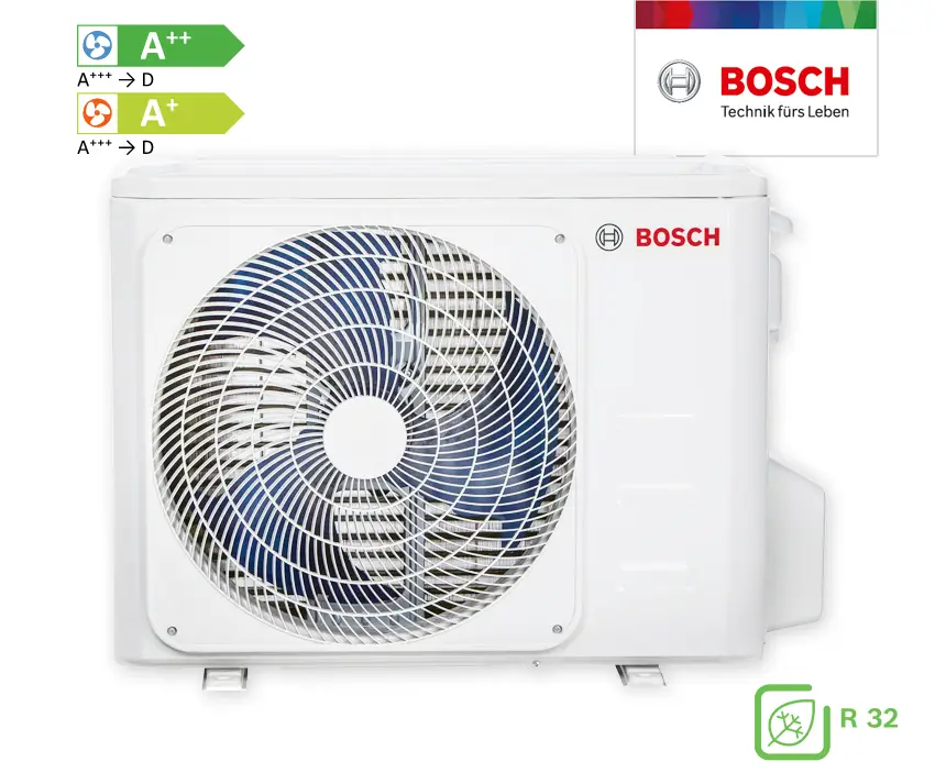 Klimagerät von Bosch mit einem großen Ventilator, außen installierbar, in weißer Farbe. Enthält Energiesymbolik A++ und A+. Verwendet Kältemittel R32.