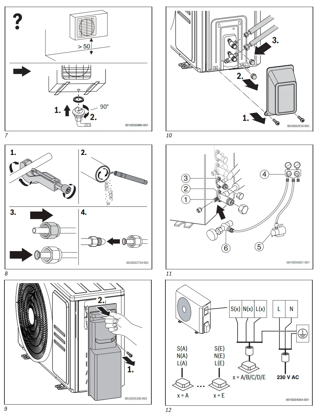 Bosch Klimagerät mit Montageanleitung. Enthält Diagramme für Installation, Verbindungselemente und elektrische Anschlüsse. Details zu den Komponenten sind sichtbar dargestellt.