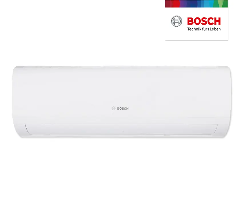 Weiße Wand-Klimaanlage von Bosch mit schlichter Oberfläche und Luftauslass, geeignet für die Montage in Innenräumen.