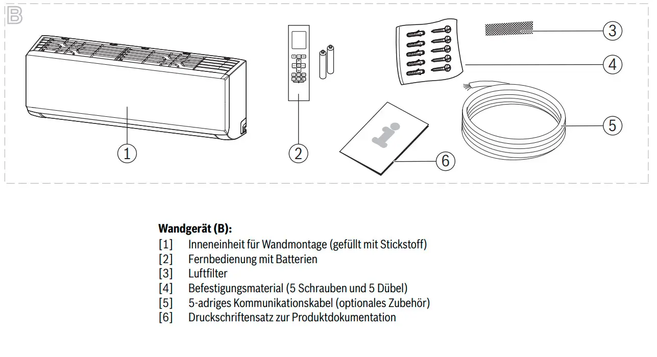 Wandmontierte Inneneinheit von Bosch mit Fernbedienung, Luftfilter, Befestigungsmaterial, Kommunikationskabel und Druckschriftensatz zur Produktdokumentation.