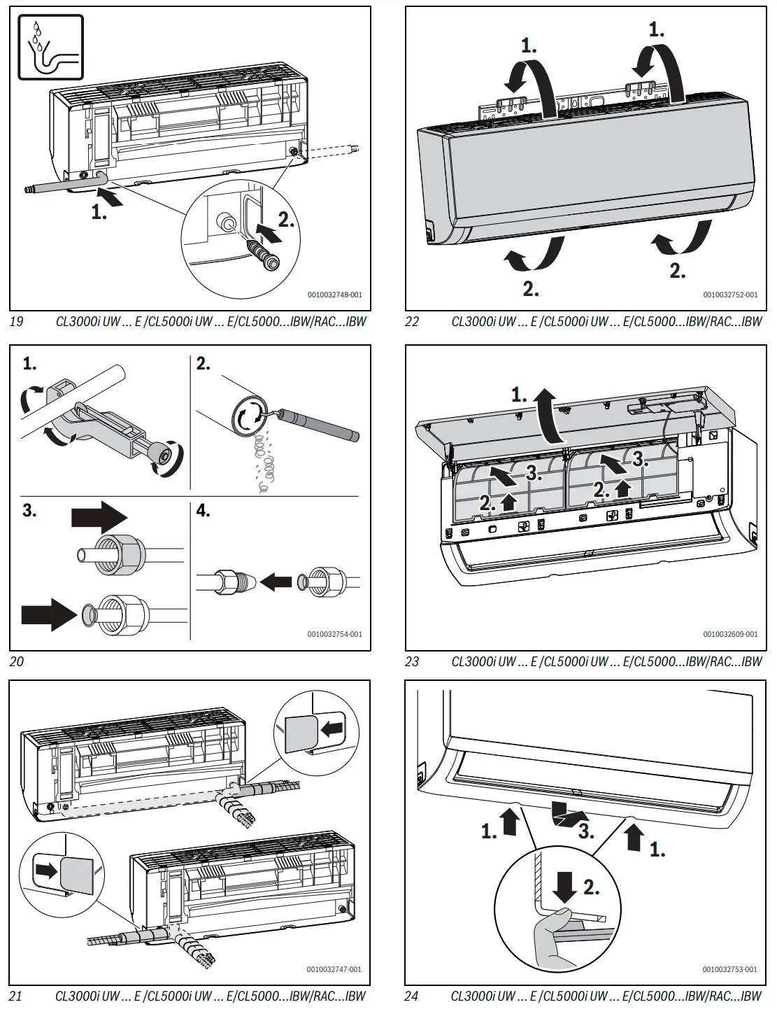Installationsanleitungen für Klimagerät, einschließlich Schritt-für-Schritt-Diagrammen zur Montage und Wartung, Bosch-Produkt.