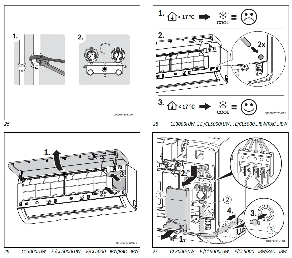 Bosch Klimagerät mit Montageanleitung, einschließlich Anweisungen zur Funktionsprüfung und Installation, dargestellt durch schematische Illustrationen und nummerierte Schritte.