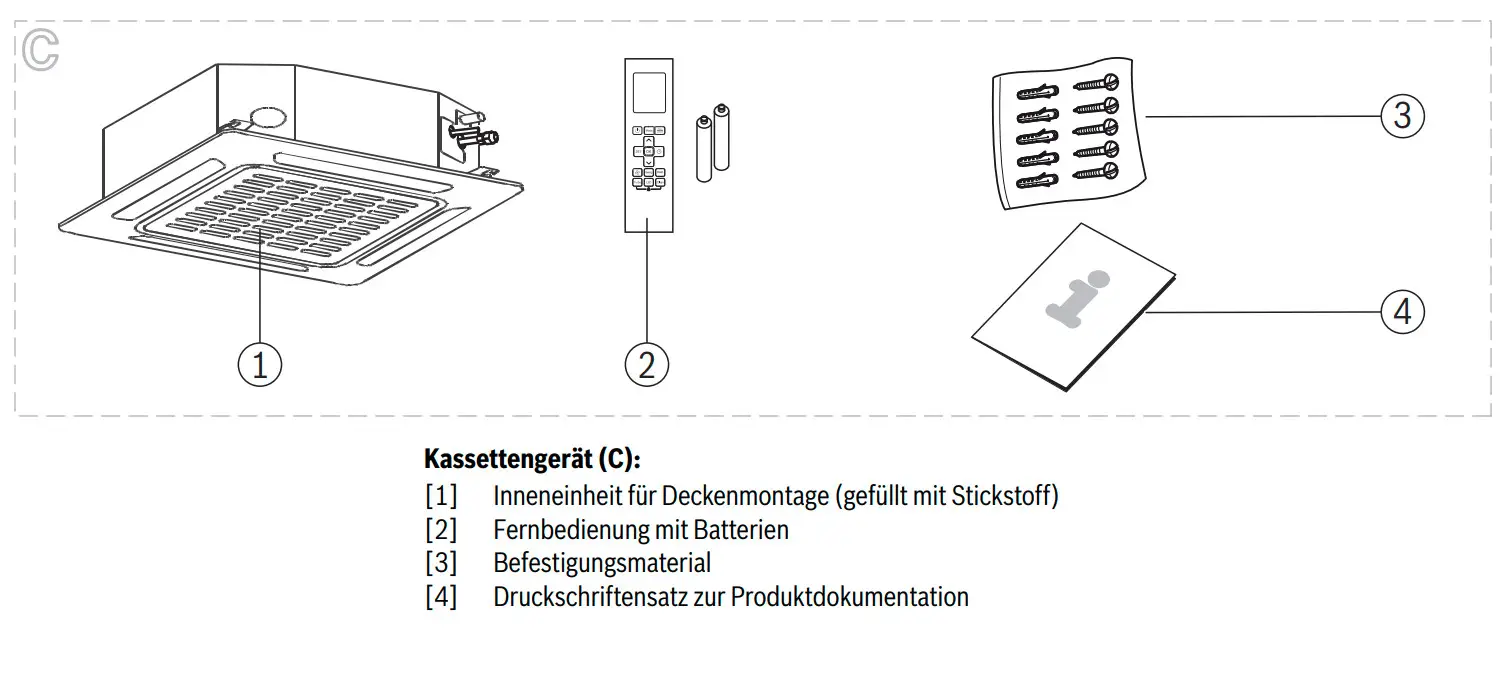 Kassettengerät von Bosch für die Deckenmontage, inklusive Fernbedienung, Befestigungsmaterial und Druckschriftensatz zur Produktdokumentation.