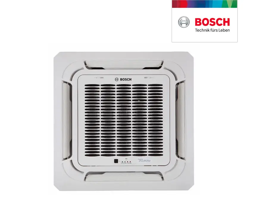 Deckenmontierte Klimaanlage mit Luftauslässen und Bosch-Logo, in rechteckiger Form, für die Inneneinheit einer Multisplit-Anlage gestaltet.