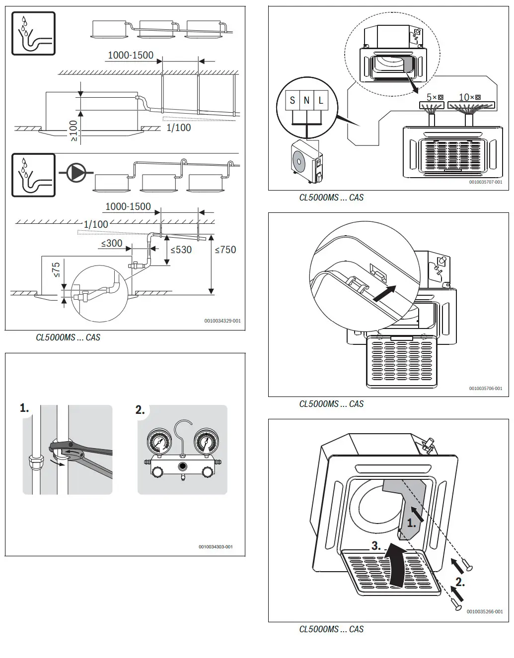 Deckenkassette eines Klimageräts von Bosch, mit technischen Illustrationen zur Installation und Funktionsweise, inklusive Schaltplan und Bedienelementen.