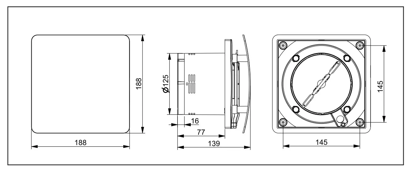 Bosch Badventilator mit quadratischer Frontansicht, seitlicher Profilansicht und technischen Maßen. Durchmesser des Innenrohrs: 100 mm.