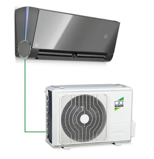 Split-Klimaanlage mit Innen- und Außeneinheit, die durch eine grüne Linie verbunden sind; digitale Temperaturanzeige auf der Inneneinheit.