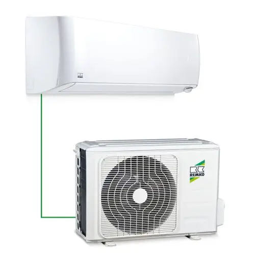 Split-Klimaanlage mit innengerät und lautem außenkompressor, beide in Weiß, mit einem grünen Verbindungskabel.