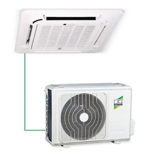 Deckenklimaanlage und Außengerät der Marke Remko, verbunden durch Rohre, zur Klimatisierung von Innenräumen.