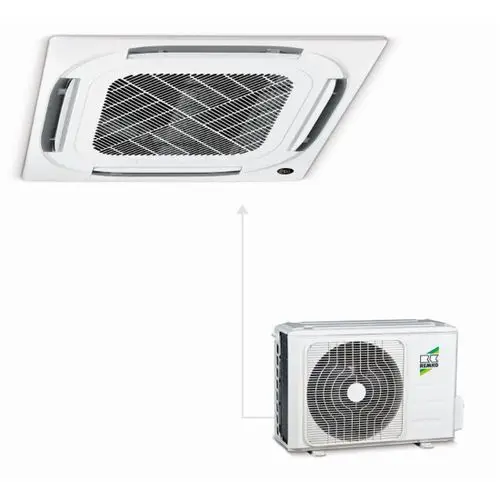 Deckenklimaanlage in weißem Design mit einem Außengerät, verbunden durch eine Leitung, für effektive Kühlung und Klimatisierung.