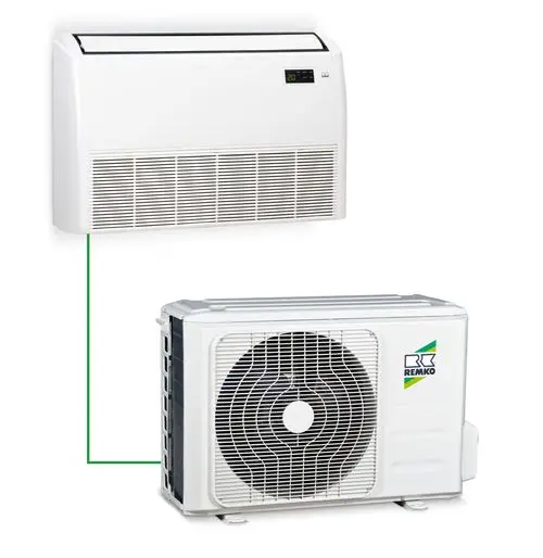 Wandmontierte Klimaanlage mit Außenkompressor, verbunden durch eine grüne Linie, beide in modernem Design und in Weiß gehalten.