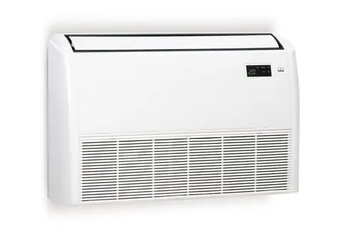 Wandmontiertes Klimagerät in Weiß mit digitalem Display und Luftauslassgitter unten.