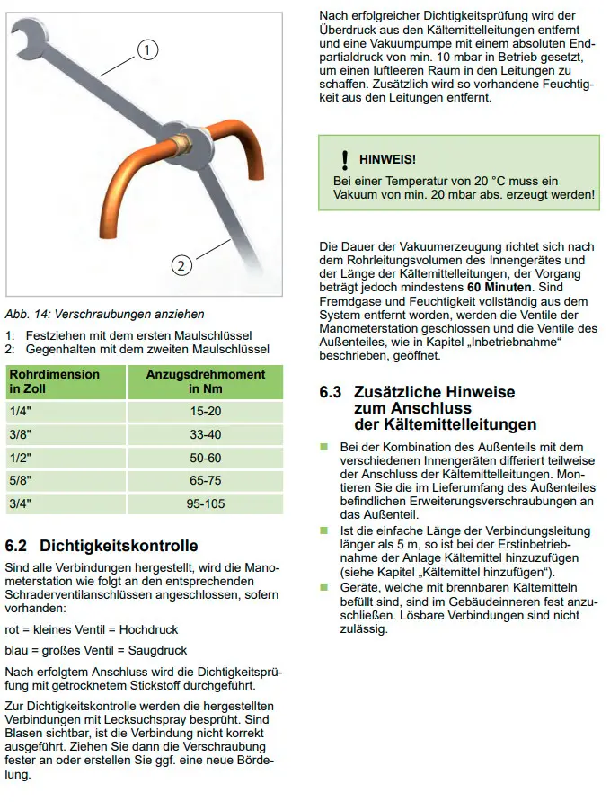 Maßstabsgetreue Illustration einer Klimaanlage mit Rohren und Schraubverbindungen. Anleitung zur Dichtheitskontrolle und Vakuumerzeugung für Remko-Klimasysteme.