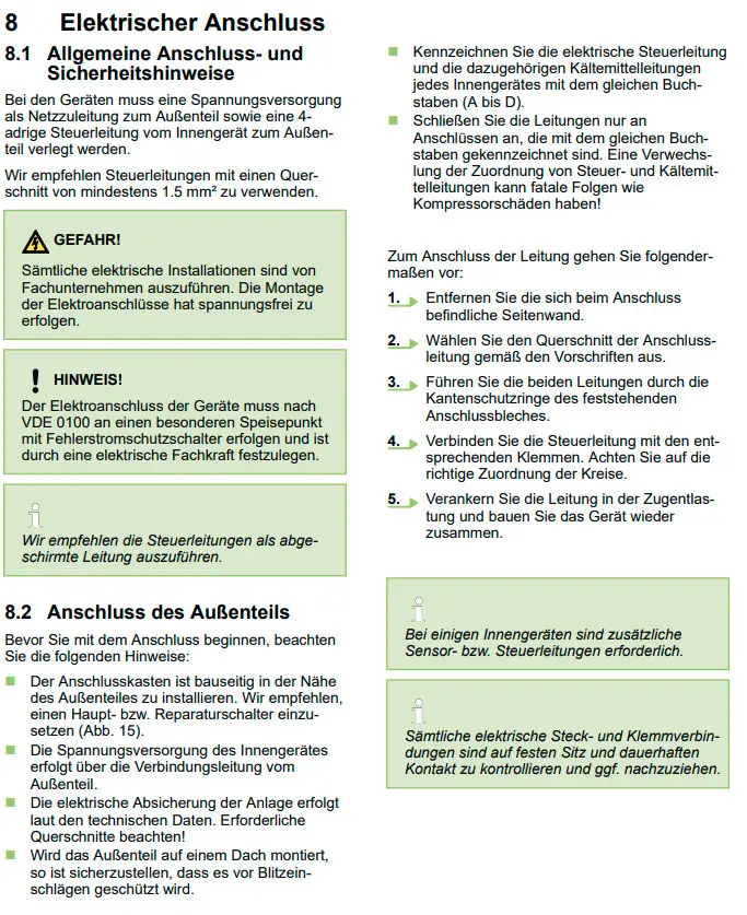 Handbuch mit Installationstipps für elektrischen Anschluss eines Raumklimageräts von Remko. Enthält Sicherheitswarnungen und Schritt-für-Schritt-Anleitungen zur Verkabelung.