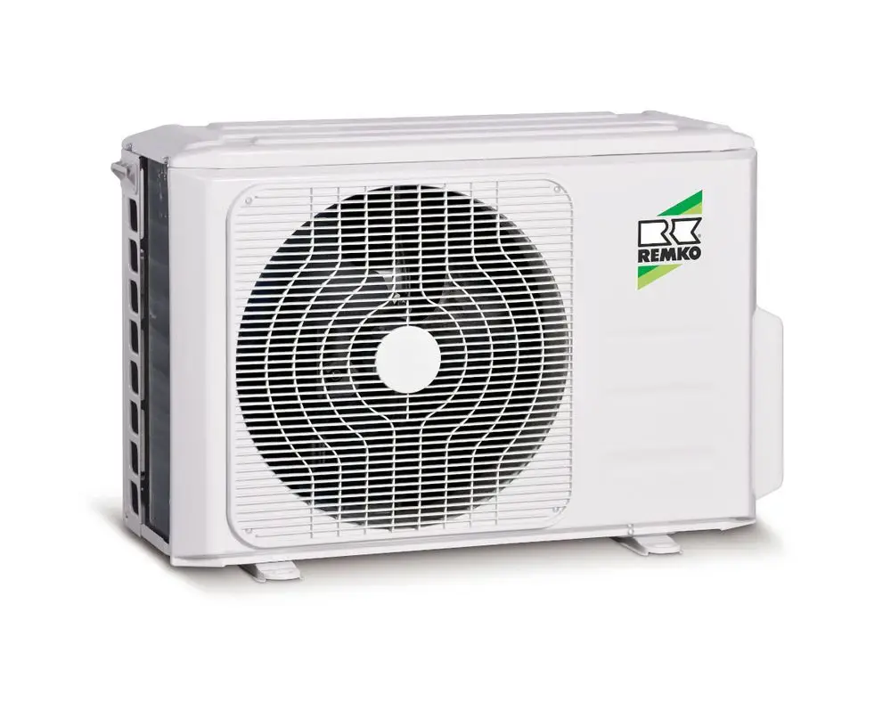Weißes Klimagerät von Remko mit großem Lüftergitter und seitlicher Montagefläche. Es handelt sich um ein Außengerät für ein Multisplit-Klimasystem.