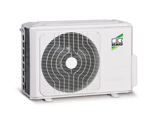 Weißes Klimagerät von Remko mit großem Lüftergitter und seitlicher Montagefläche. Es handelt sich um ein Außengerät für ein Multisplit-Klimasystem.