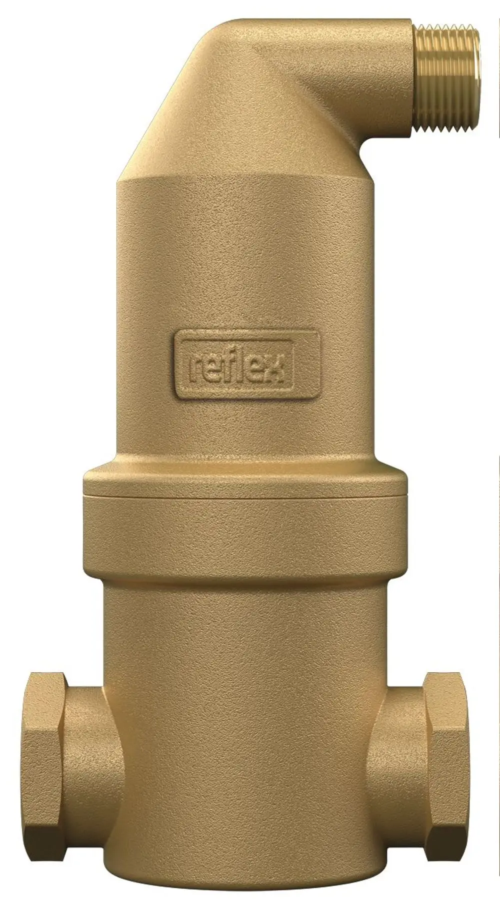 Mikroblasenabscheider aus Messing mit einem seitlichen Anschluss, hergestellt von Reflex Winkelmann. Das Produkt zeigt eine robuste Bauweise für effiziente Anwendungen.