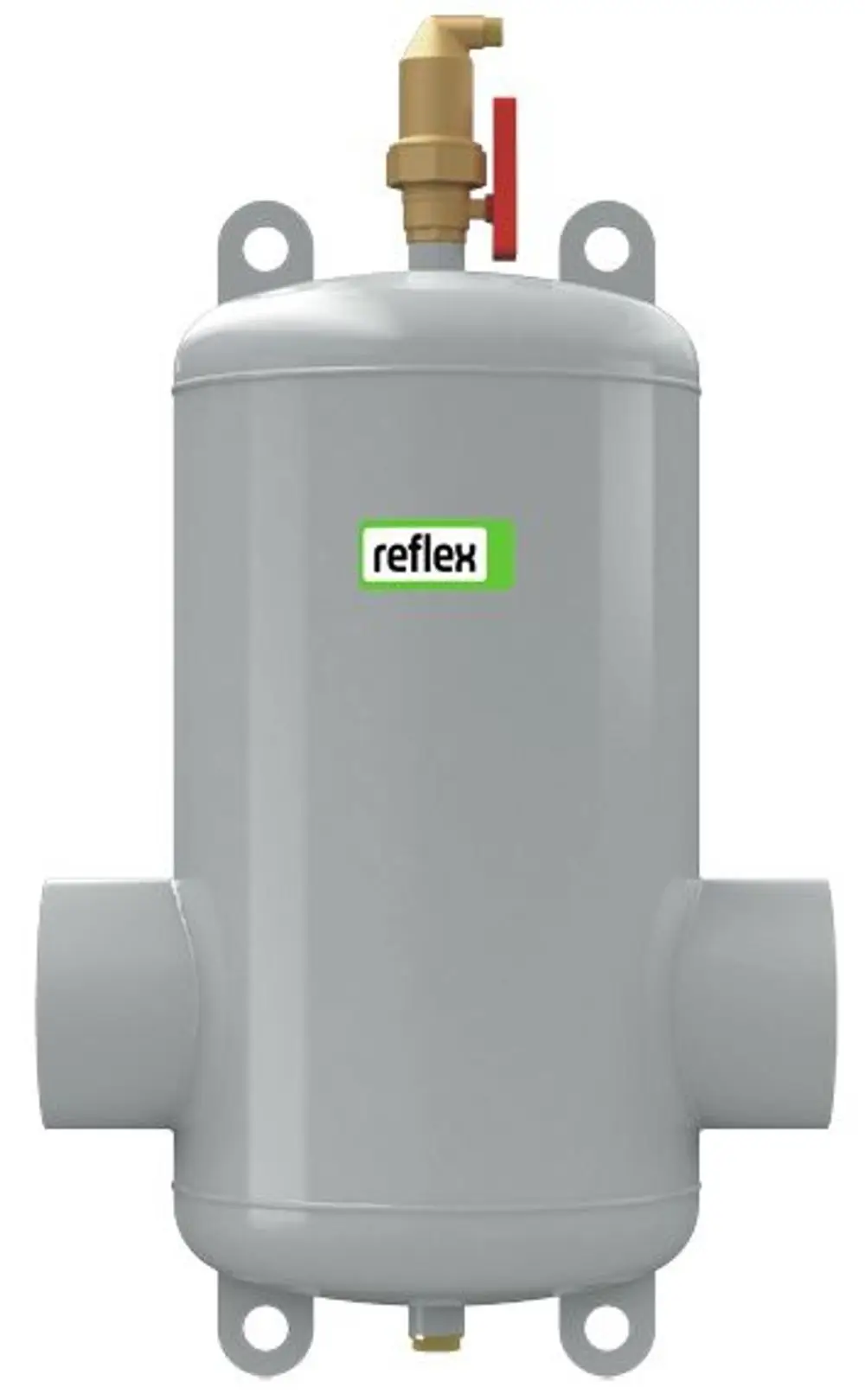 Mikroblasenabscheider aus lackiertem Stahl mit mehreren Anschlüssen und Ventil. Produkt von Reflex Winkelmann, geeignet für feste Installationen.