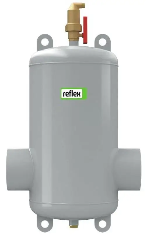 Mikroblasenabscheider aus lackiertem Stahl mit mehreren Anschlüssen und Ventil. Produkt von Reflex Winkelmann, geeignet für feste Installationen.