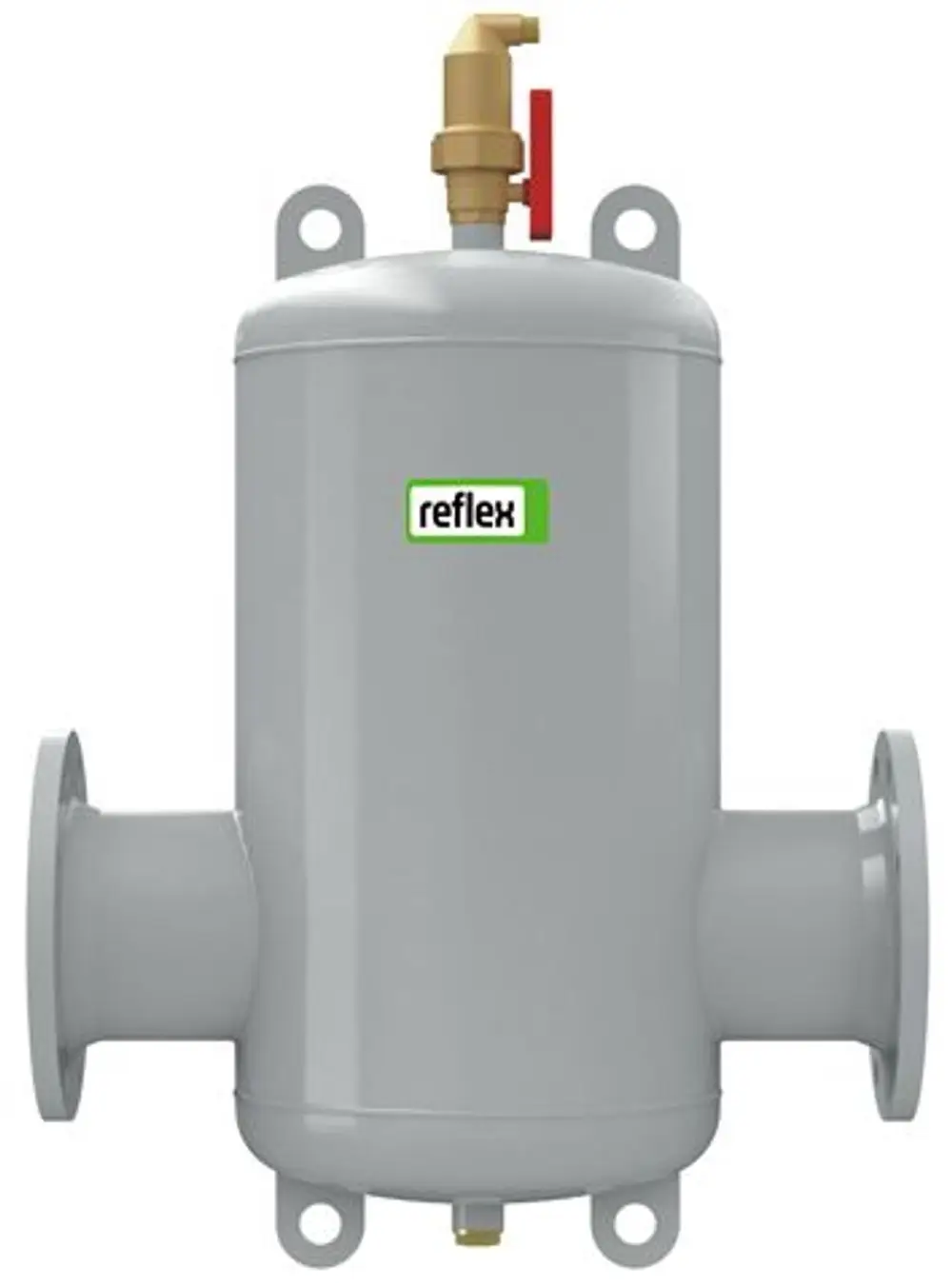 Mikroblasenabscheider in grauer Lackierung mit zwei Flanschen und einer Entlüftungsvorrichtung, hergestellt von Reflex Winkelmann.