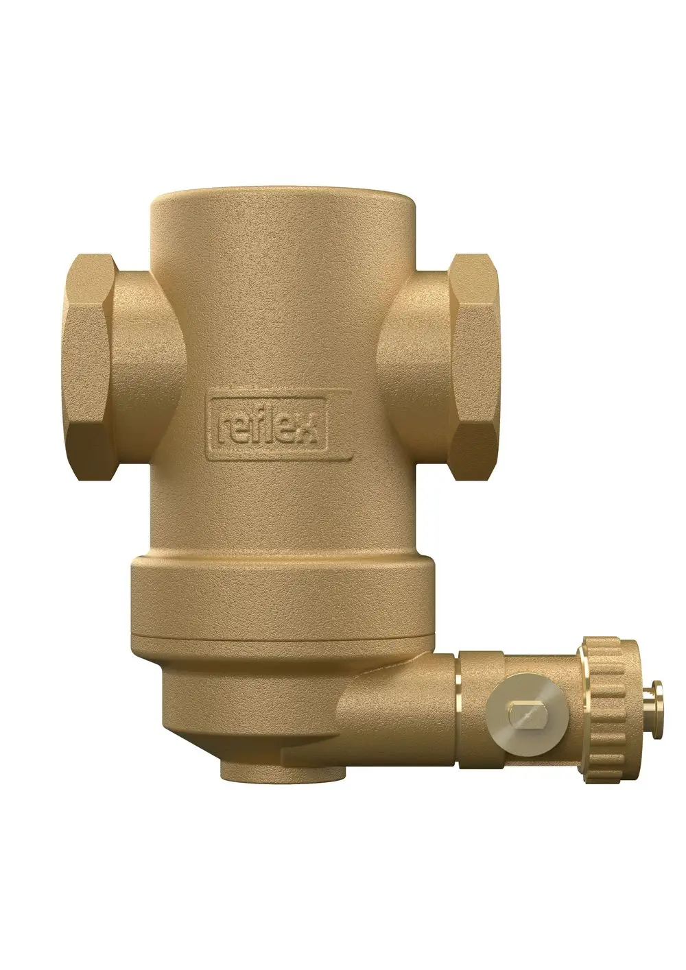 Schmutzabscheider von Reflex Winkelmann, mit zwei horizontalen Anschlussfittings und einem seitlichen Einstellventil. Aus Messing mit glatter Oberfläche.