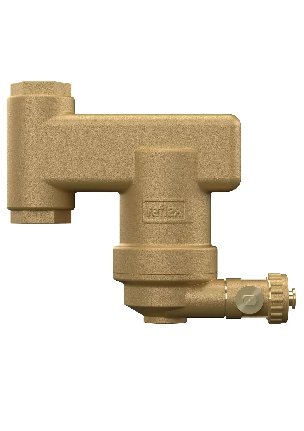 Schmutzabscheider in Goldfarbe von Reflex Winkelmann mit Klemmringanschluss, seitlichem Ventil und kompakter Bauform für den Einsatz in wasserführenden Systemen.