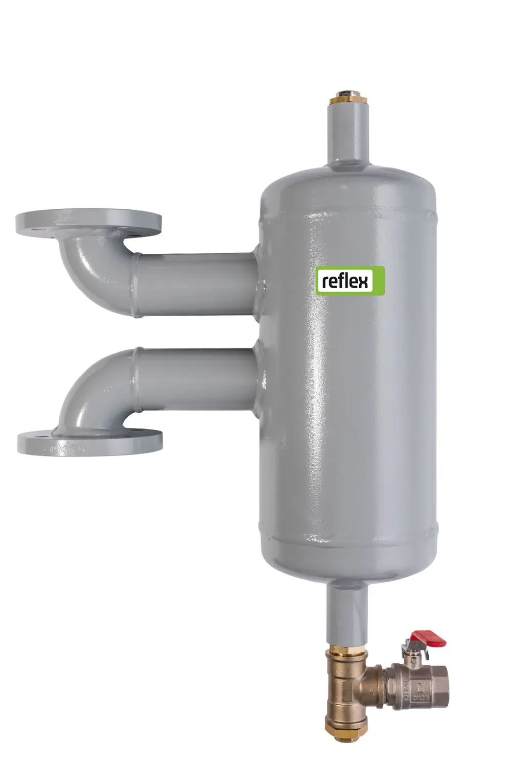 Schmutzabscheider von Reflex Winkelmann mit zwei Flanschanschlüssen und einem Ventilanschluss, aus grauem Metall, geeignet für Druck bis 6 bar und Temperaturen bis 110 °C.
