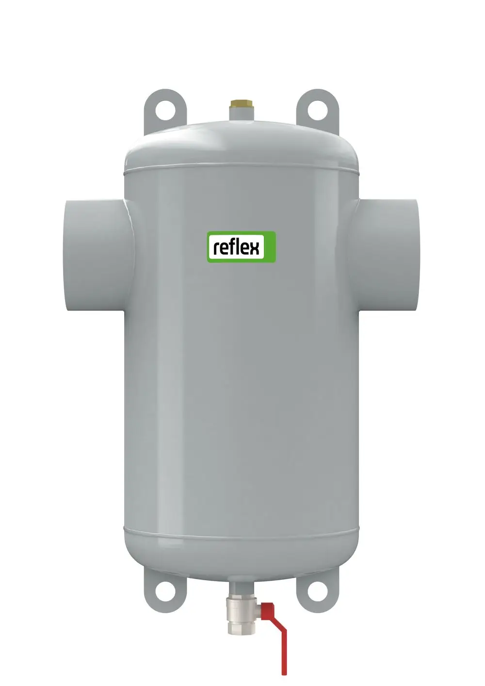 Schmutzabscheider von Reflex Winkelmann mit zwei Anschlüssen und einem Entlüftungsventil. Das Gehäuse ist zylindrisch und aus Metall in grauer Farbe.