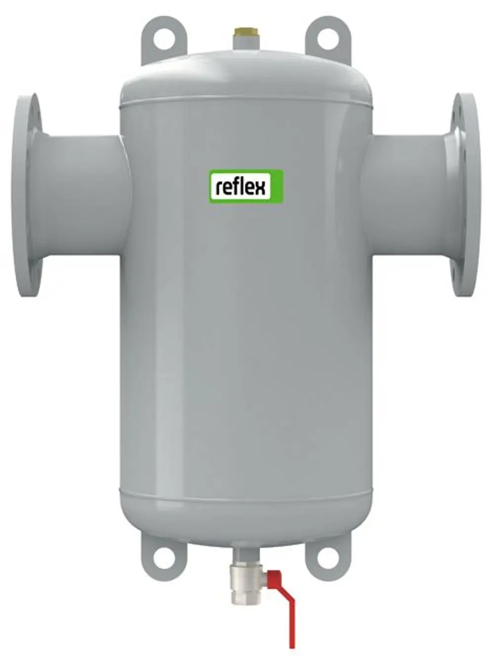Grauer Schmutzabscheider mit Flanschanschlüssen, ausgestattet mit einem Ablassventil und der Aufschrift "Reflex". Geeignet für Anwendungen bis 110 °C und 10 bar.