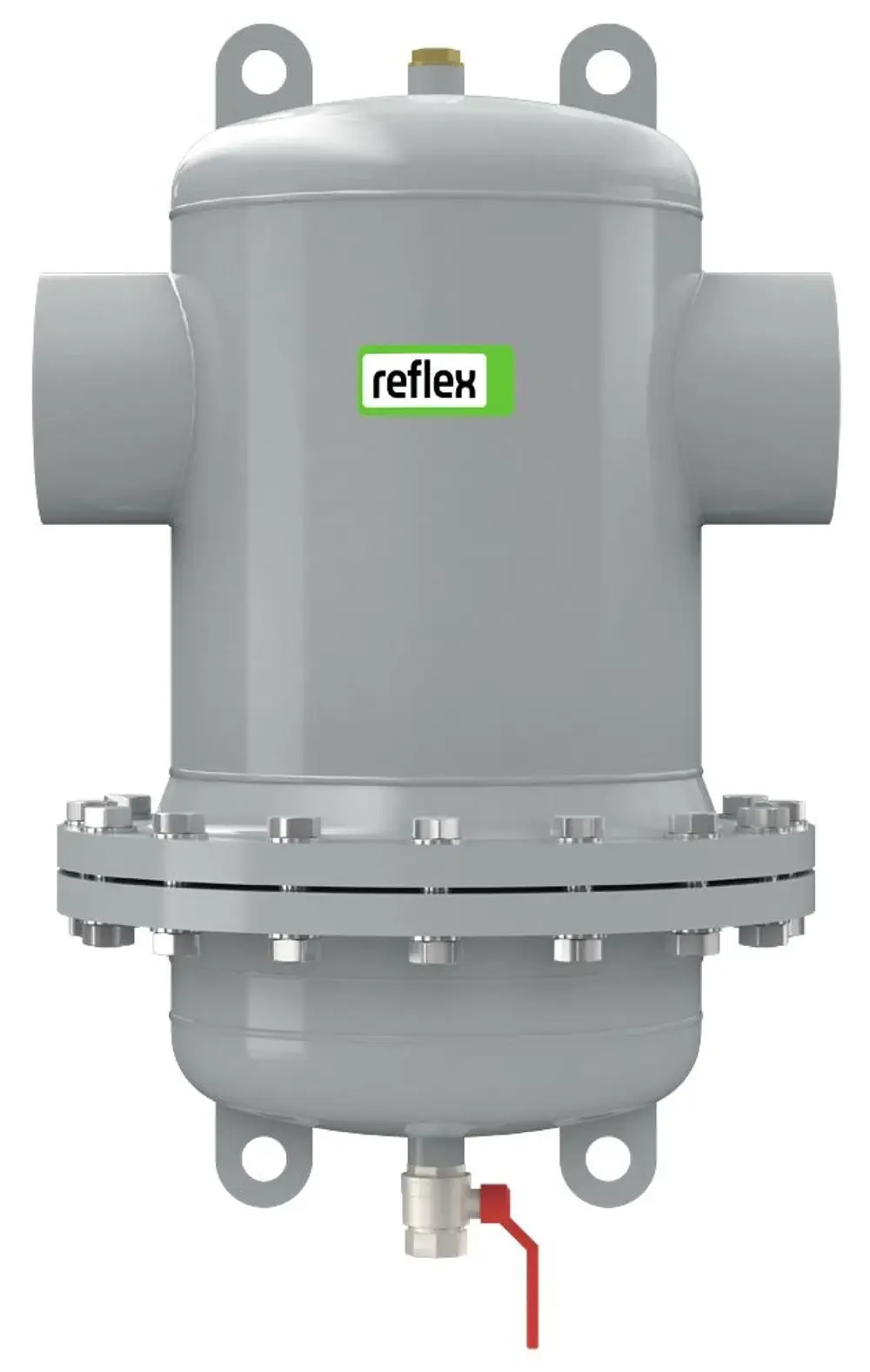 Grauer Schmutzabscheider mit seitlichen Anschlüssen und einem Anschlussstutzen. Das Produkt stammt von Reflex Winkelmann.