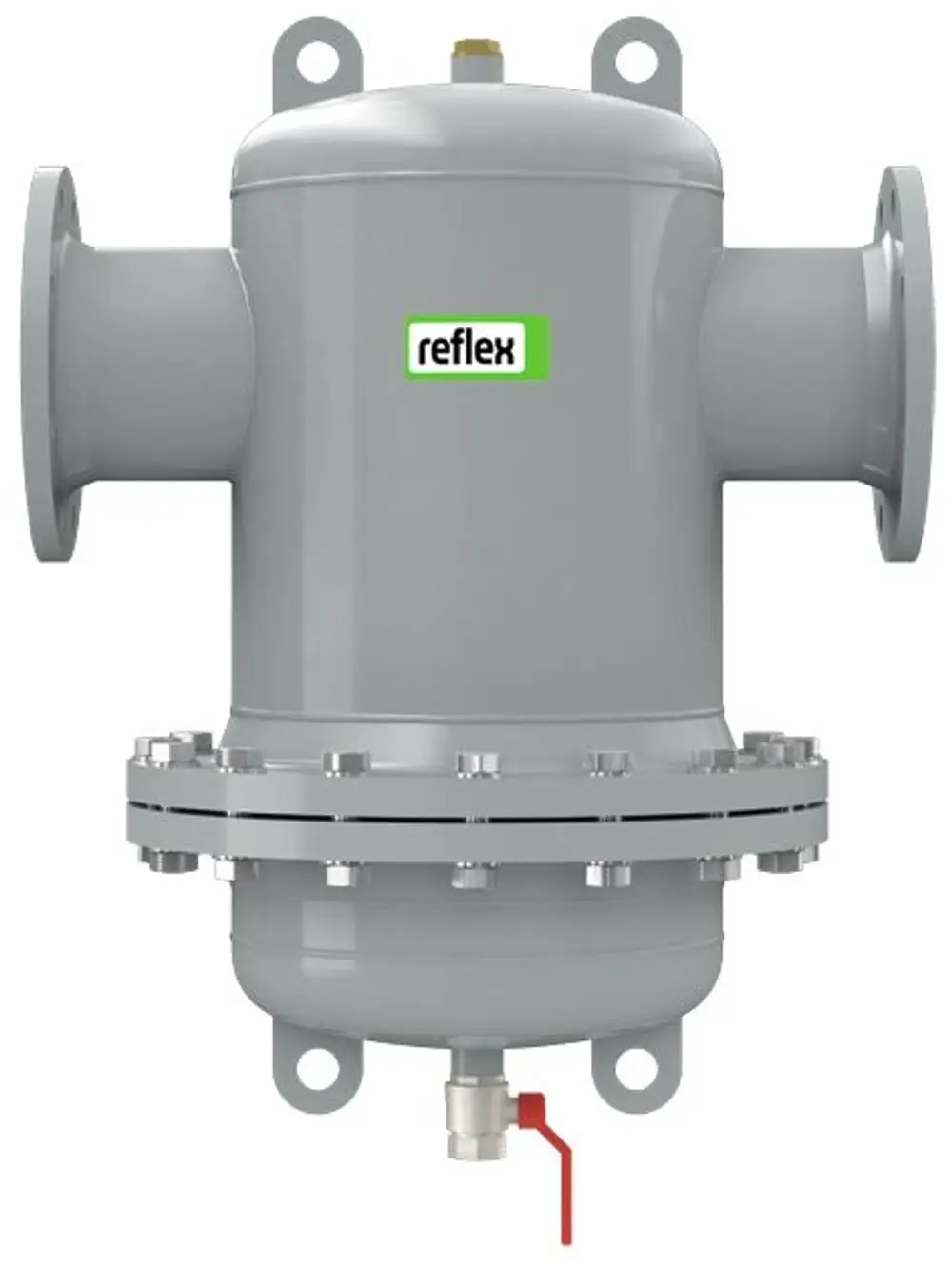 Grauer Schmutzabscheider mit Flanschen und einem Auslass. Ausgestattet mit einem Wartungsventil und dem Logo der Marke Reflex Winkelmann.